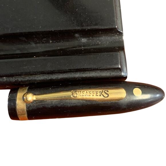 Vintage Sheaffers Black Fountain Pen Glass Base Inkwell Desk Stand Writing Set - Picture 6 of 8